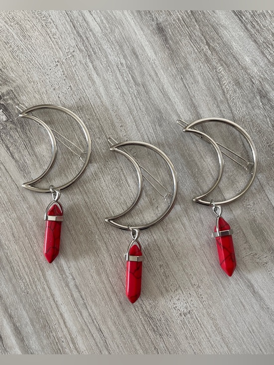 Accessories - Silver Moon Hair Clip with Red Jasper